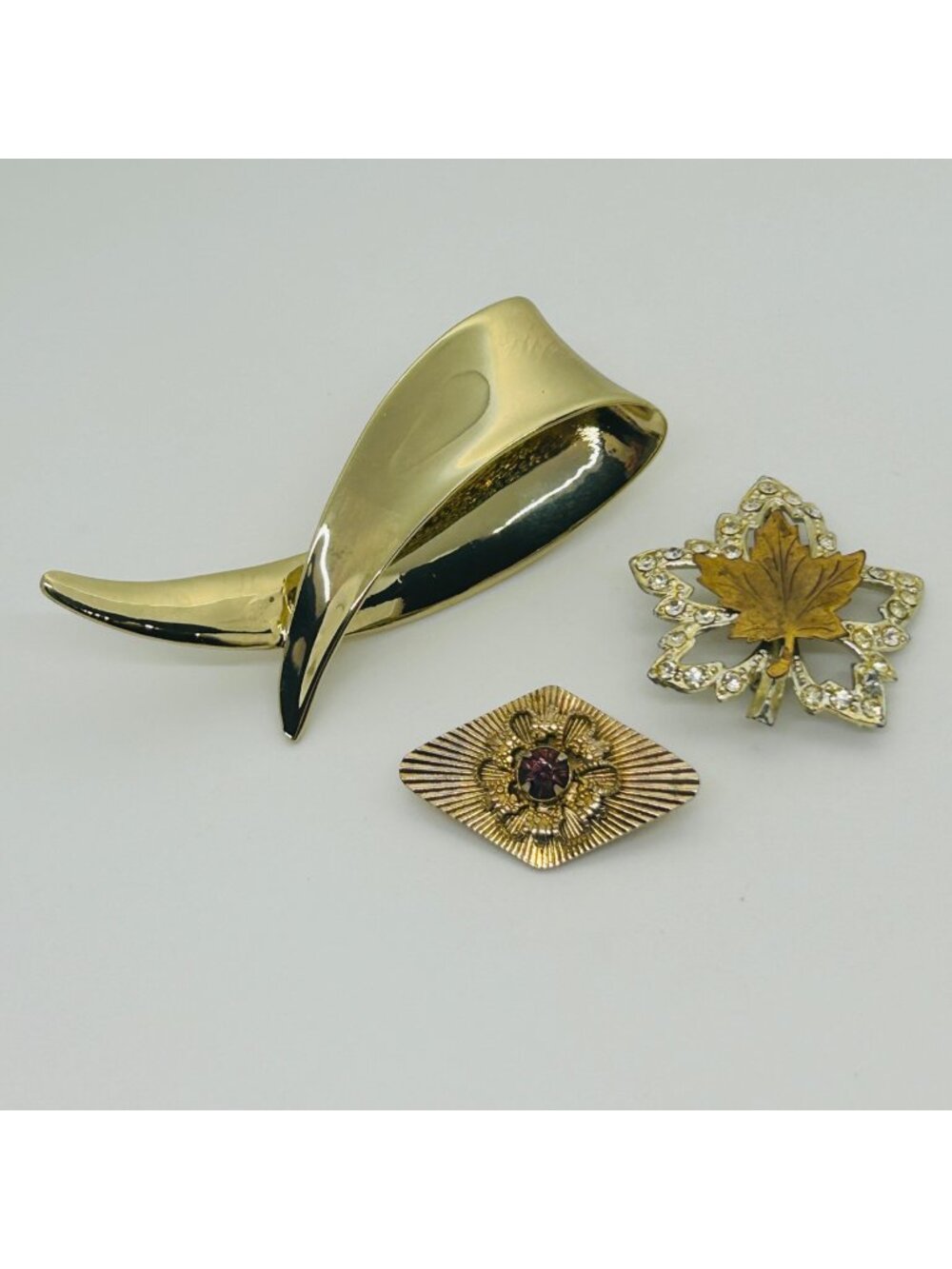 Vintage Gold Brooch Lot Leaf Rhinestone Abstract Pin Costume Jewelry Statement